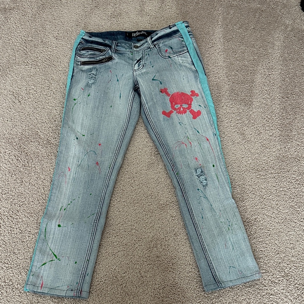 Lip Service Women's Blue Jeans with pink Skull splatter Design